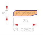 Houten plinten – technische tekening van profiel VRL02506 met afgeronde bovenzijde en afmetingen 6x25 mm.