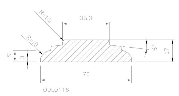 Technische maattekening van profieldoorsnede met breedte 70 mm en maat 36,3 mm (ODL0116).